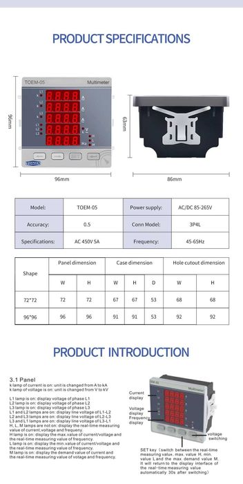 TOMZN Трифазен многофункционален измервателAC/DC 85-265V