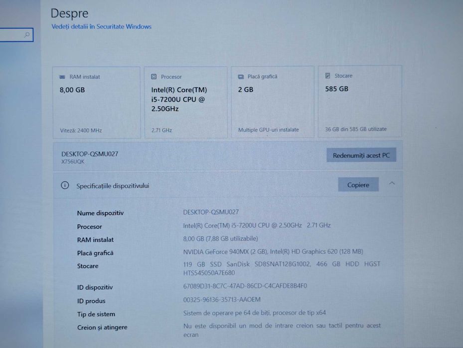 Laptop ASUS X756U, i5 7200u + NVIDIA GeForce 940MX