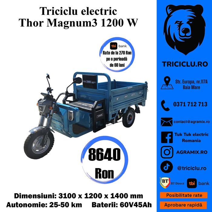 Triciclu electric tuk tuk Thor Magnum 3 fara permis 60V45Ah Agramix