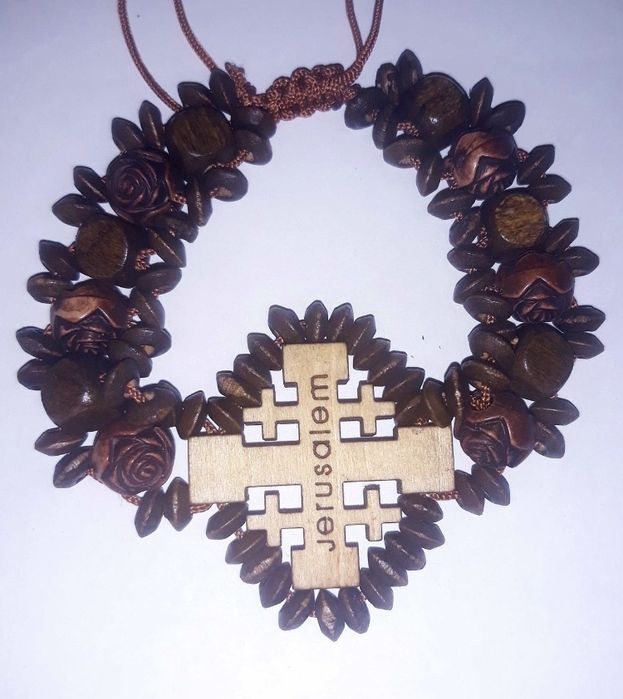 Iconita vintage argint cu pamant sfant Ierusalim bratara lemn maslin