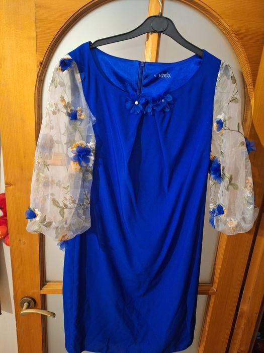 Rochie albastru electric cu maneci din voal