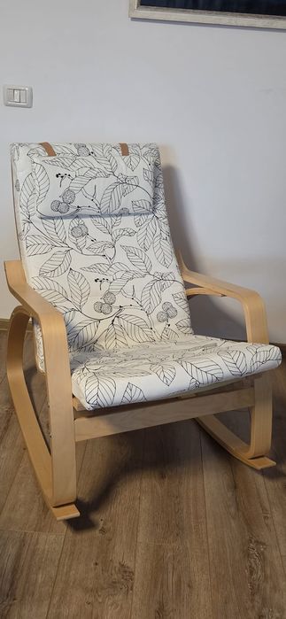Fotoliu balansoar IKEA Poäng lemn mesteacăn, cu husă 100% bumbac detasabila