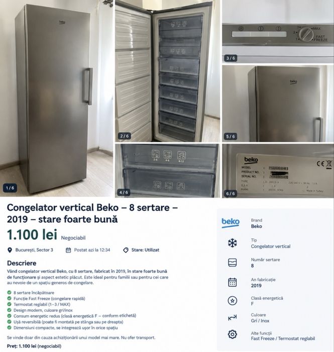 Congelator  Beko, vertical, 8 sertare, 2019, stare foarte bună