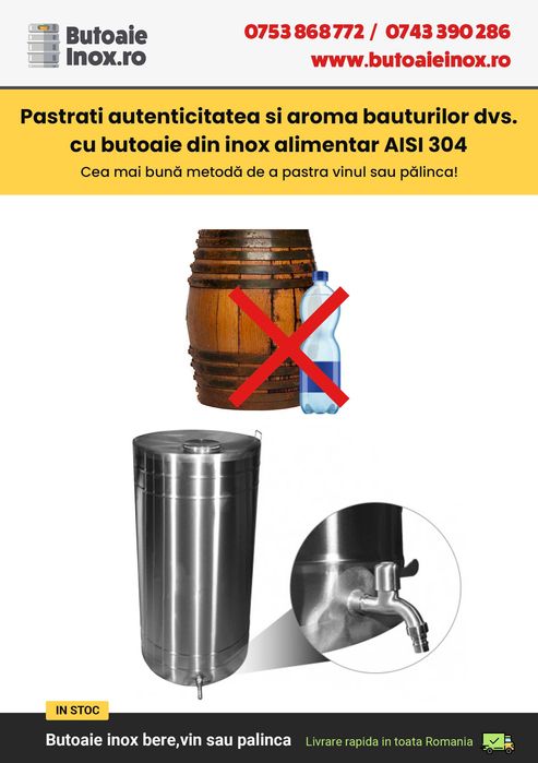 Butoi inox 50 litri cu dop ciuperca
