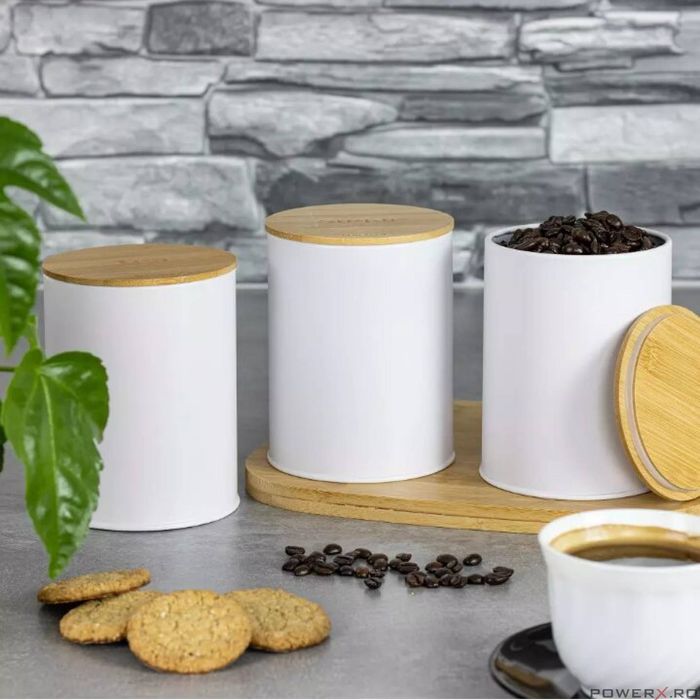 Set 3 recipiente, inox-bambus, alb, pentru cafea, ceai, zahar.