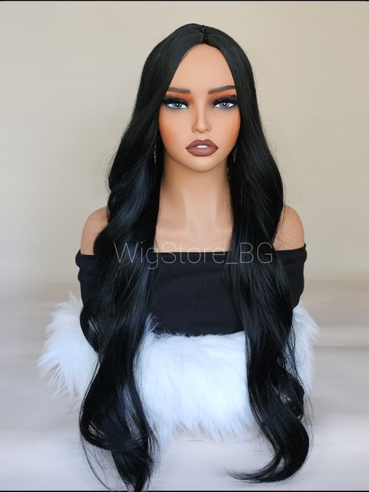 Черна перука без бретон на вълни