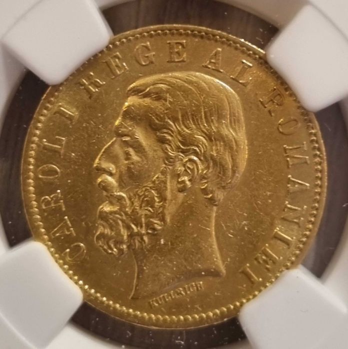 Moneda aur 20 Lei 1883, Carol I, gradata NGC AU 55