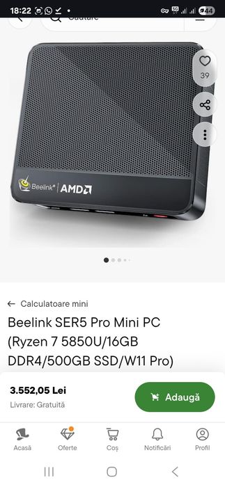 Beelink SER5 Pro Mini PC (Ryzen 7 5850U/16GB DDR4/500GB SSD/W11 Pro)