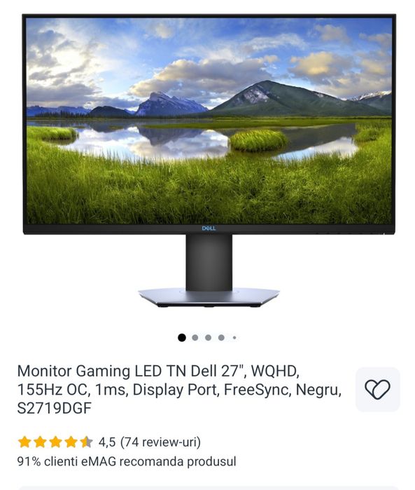 Monitor LED TN Dell 27", WQHD, 155Hz, 1ms, Display Port, Negru, S2719DGF
