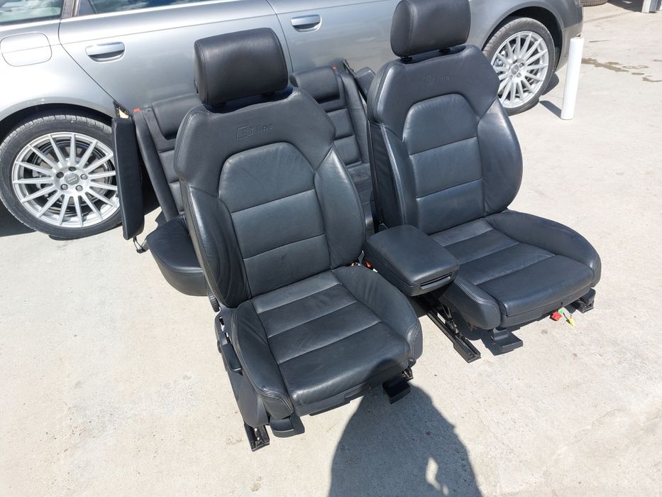 Set interior S-line Sline Audi A6 C6 4F piele neagra model 2004-2011 scaune fata + banchete rabatabile + cotiera