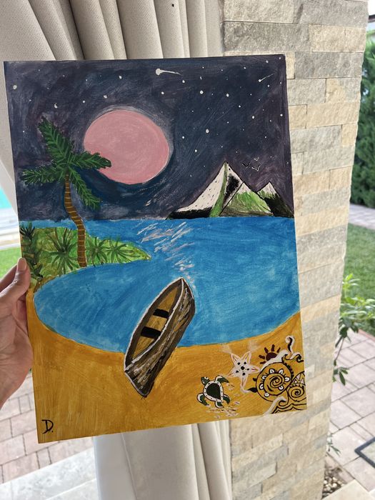 Tablou original pictat manual pe pânză, inspirat de liniștea unei insule tropicale.