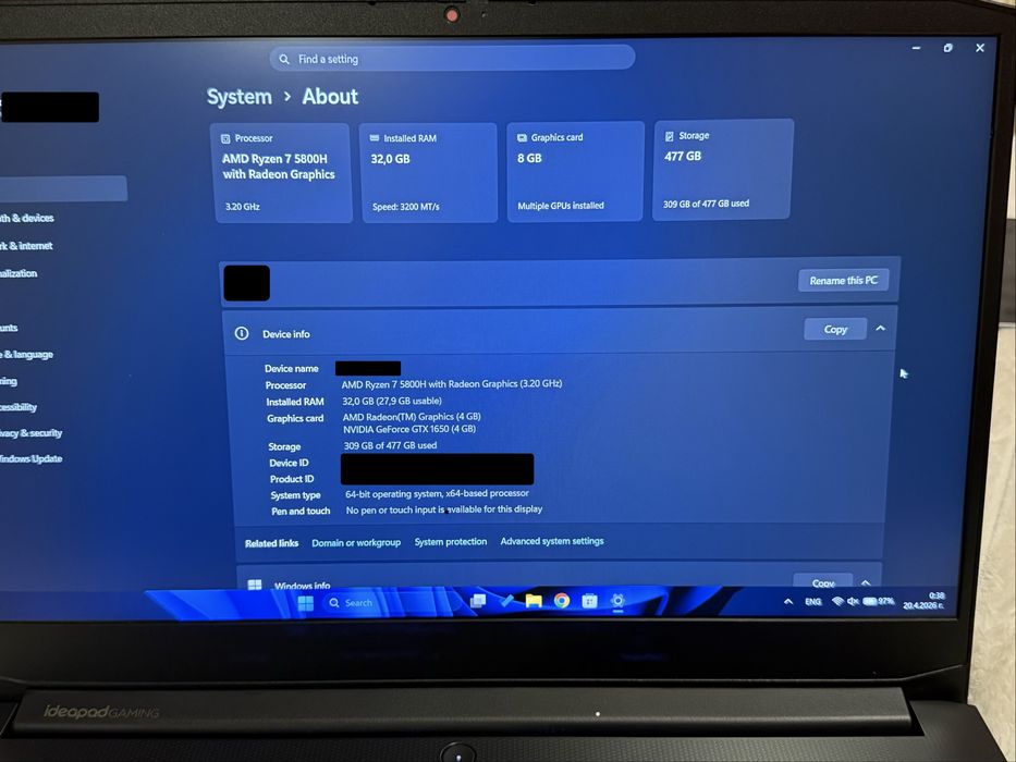 Lenovo IdeaPad Gaming 3 | Ryzen 7 5800H | 32GB RAM | Като НОВ