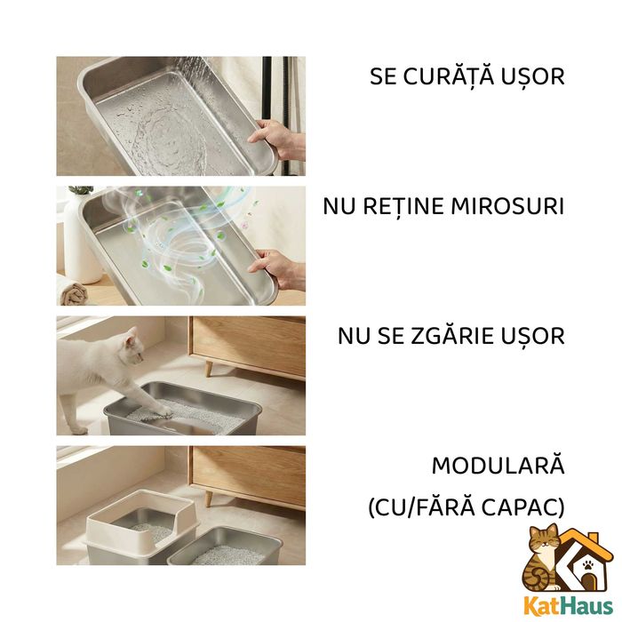 Litiera pisici metalica INOX anti-miros, cu capac, culori disponibile