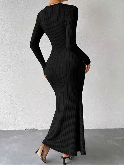 Дълга плетена дамска рокля в черно