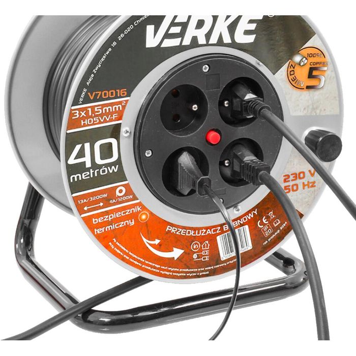 Rola prelungitor cablu cu cadru metalic 40 metri 3 x 1,5 mm Verke