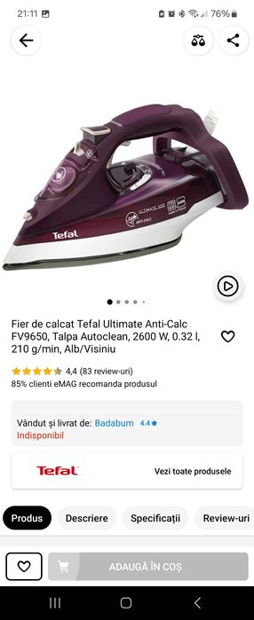 Fier de calcat Tefal Ultimate Anti-Calc FV9650, Talpa Autoclean, 2600 W, 0.32 I, 210 g/min
