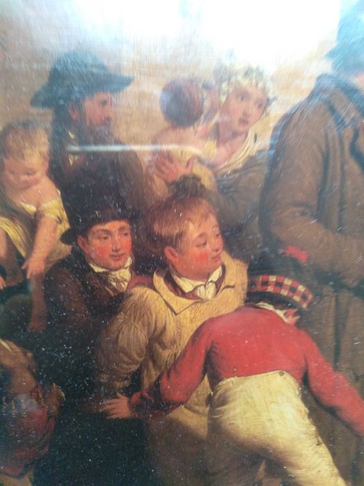 Картина, средновековен сюжет, в дърворезбована рамка.