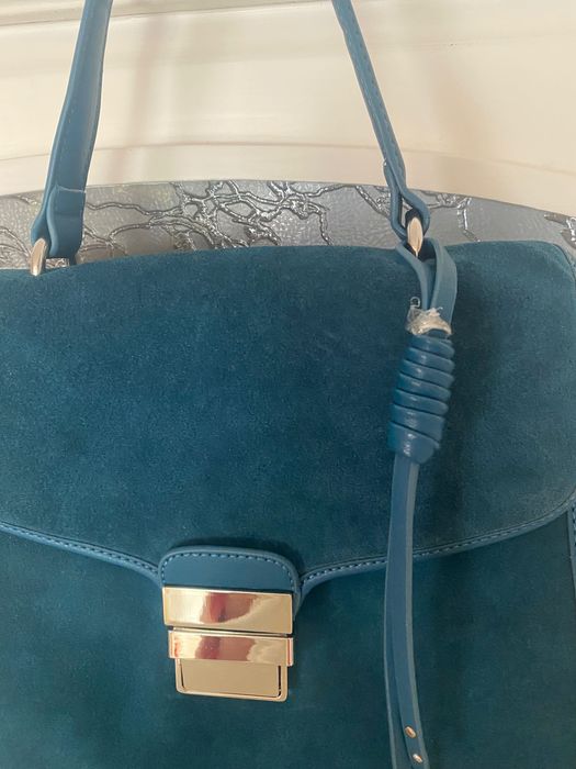 Велурена раница Zara в морско синьо-зелено
