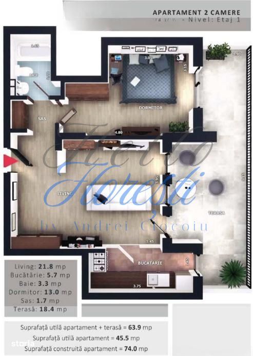 Apartament 2 camere, 45,5mp | Zona Vivo | Floresti |