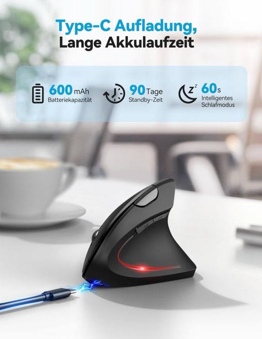 Mouse vertical ergonomic TECKNET wireless Bluetooth 5.0 + 2.4G, 4800 DPI, reîncărcabil