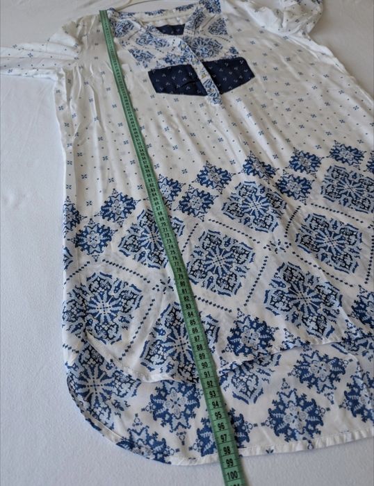 Rochie tunică / cămașă lungă boho H&M, alb-albastru, mărimea 40/42
