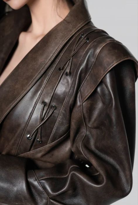 Geaca faux leather, maro, model cu snur marimea S