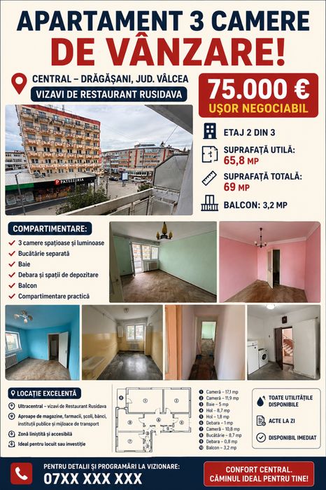 Apartament de vanzare Dragasani central 3 camere