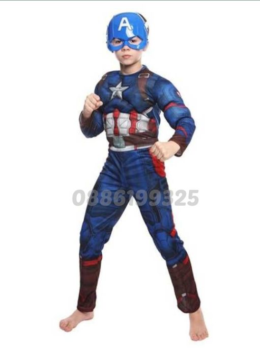 Детски костюм на Капитан Америка с мускули и маска + ПОДАРЪК