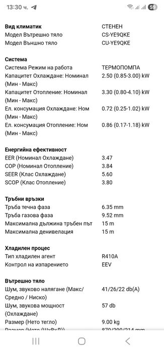 Климатик  Panasonic CU-YE9QKE