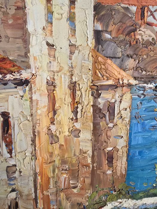 Картина масло, холст, Весна у моря, мост