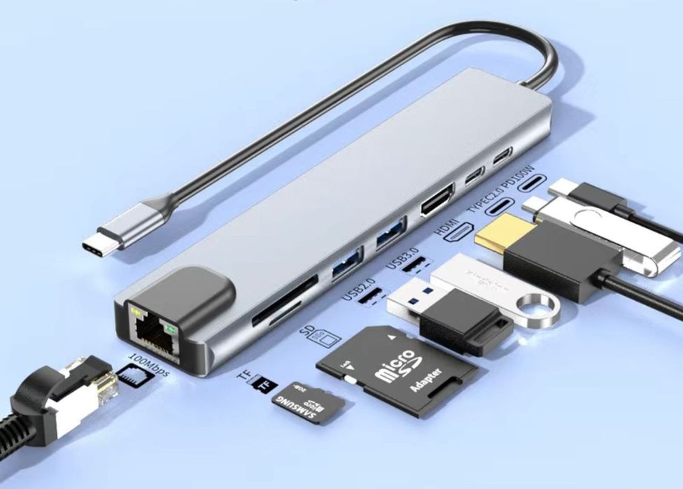 Док станция Type C 8в1 адаптер Lan, Hdmi, USB Hub, Картридер