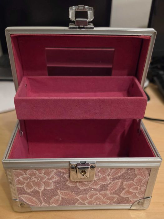 Cutie bijuterii cosmetice beauty case valiza machiaj roz floral organizator depozitare maner metalic tava detasabila geanta vanity cadou