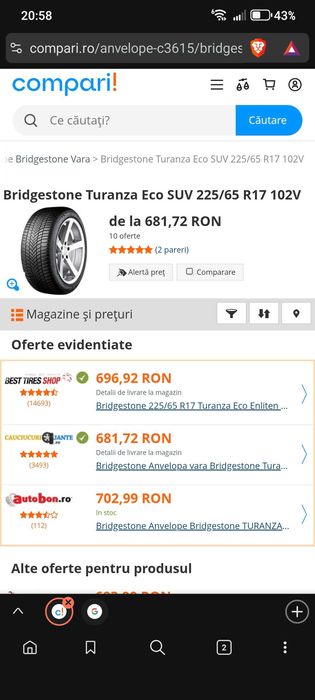 4 Anvelope Bridgestone Turanza Eco SUV 225/65 R17 aproape noi, 3700 km