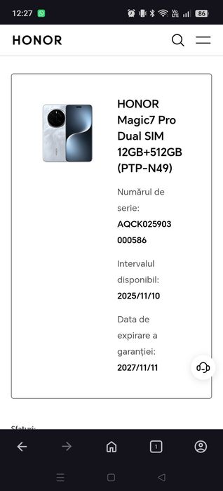 Honor magic 7 pro in garanție până în noiembrie 2027