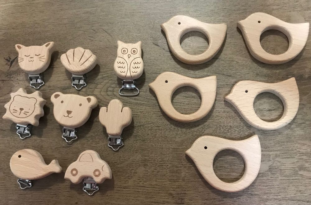 Дървени щипки за клипс за биберон, фигурки Птиче и мъниста мечета
