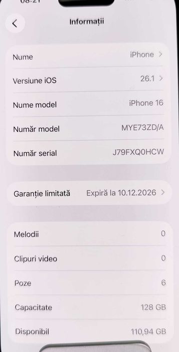 (AG 35)Telefon iPhone 16 128Gb  b.34438 - 3000Lei Garantie 2ani!