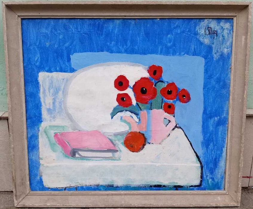 Tablou vechi - ulcior cu maci - semnat C. Piliuta