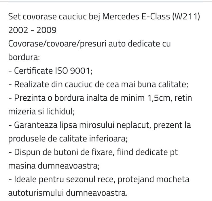 Covoraș cauciuc Mercedes E-class w211 2002-2009