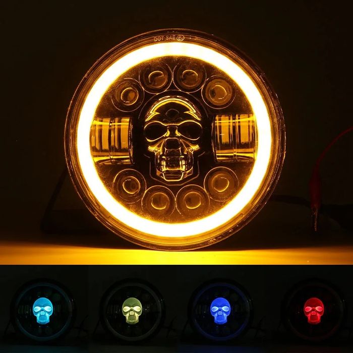 Faruri LED 7 inch 18cm 120W 18000LM Skull Cap Schelet RGB DRL Semnalizare Galbena Offroad Moto