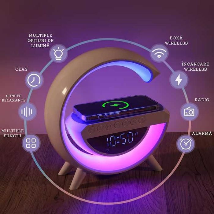 NOU! Lampa cu incarcare wireless 15W, boxa, ceas, incarcator, alarma