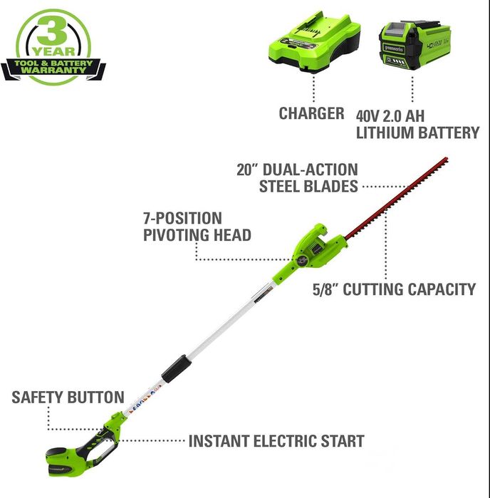 Удължен храсторез Greenworks с 40 V 6Ah батерия и зрядно
