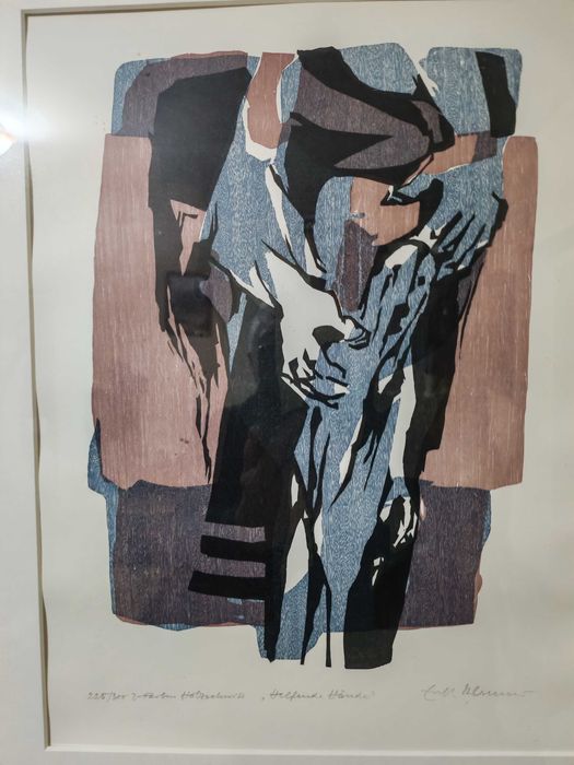 Tablou Original Xilogravură „Helfende Hände” – Erich Mansen, Semnat