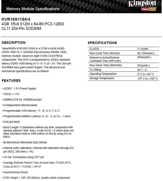 Memorii RAM DDR3 1600 8GB Kit (2x4) Kingston KVR16S11S8-4 SODIMM