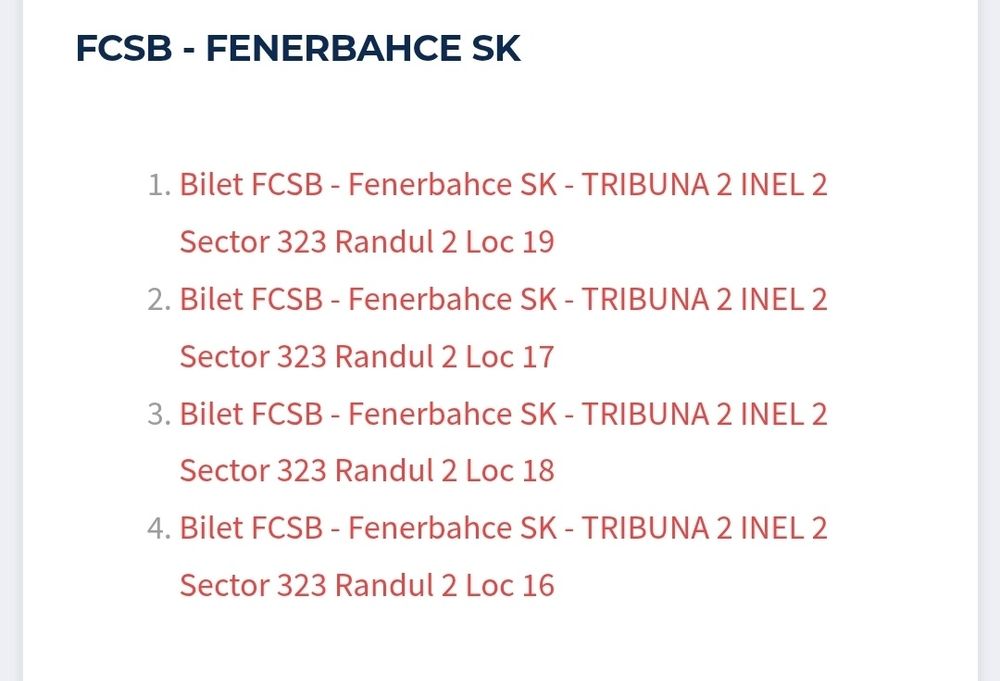 Vand 4 bilete unul langa altul la FCSB-FENERBAHCE tribuna 2 inel 2