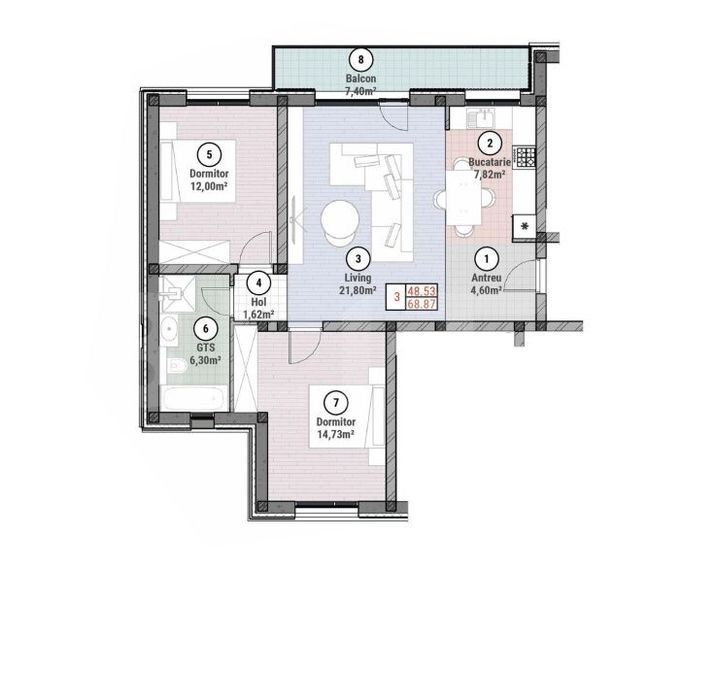 Apartament cu 3 camere 68 mp utili + gradina 100 mp, Mosnita Noua
