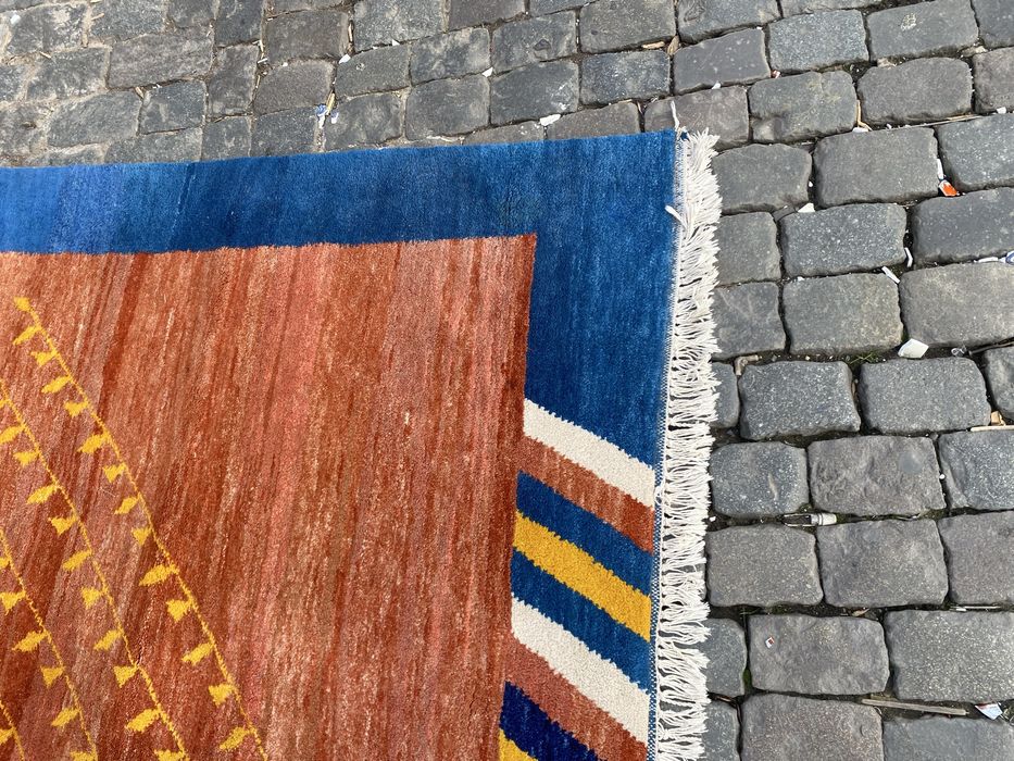 Винтидж индийски вълнен килим India 1980 геометричен ръчна изработка