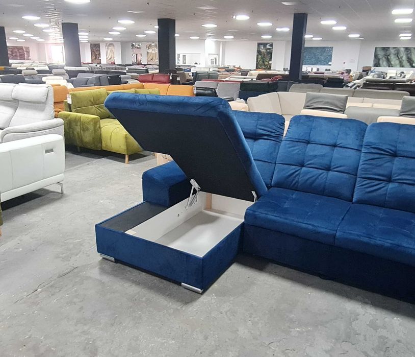 Син П образен ъглов диван от плат Nigrum с функция сън