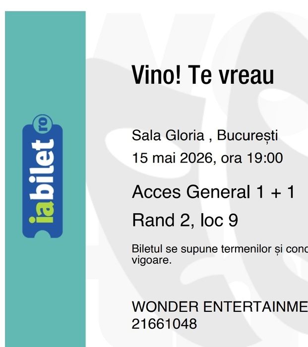 4 bilete teatru, piesa "Vino. Te vreau !"