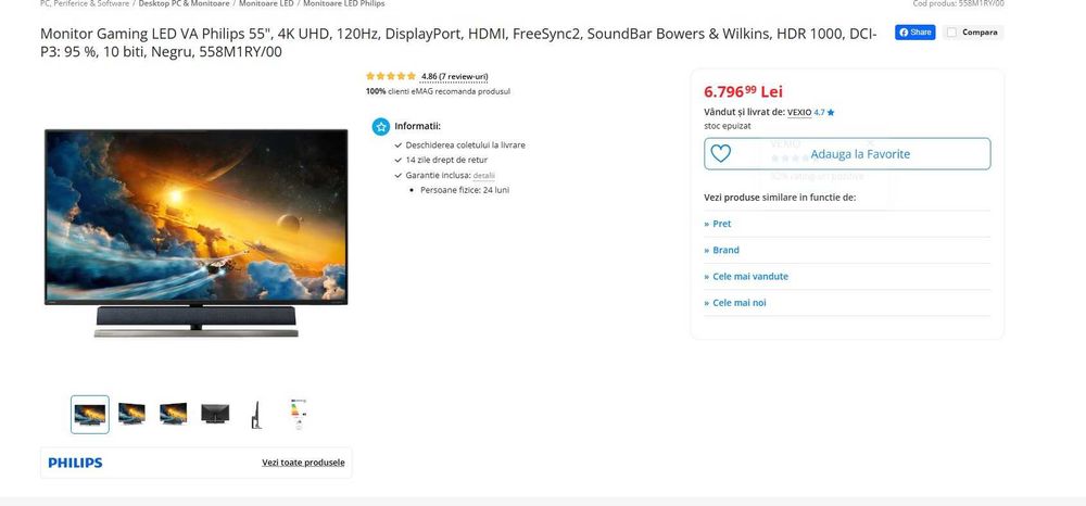 Monitor Gaming LED Philips 55",4K, 120Hz, SoundBar Bowers & Wilkins