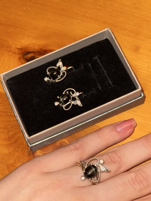 Комплект от сребро и звезден диопсид, моисанити